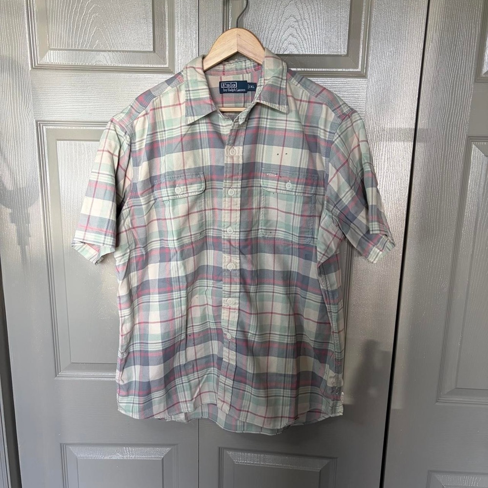 Polo Ralph Lauren Mens XL Plaid Button Up Short Sleeve Shirt Green Pink Multi